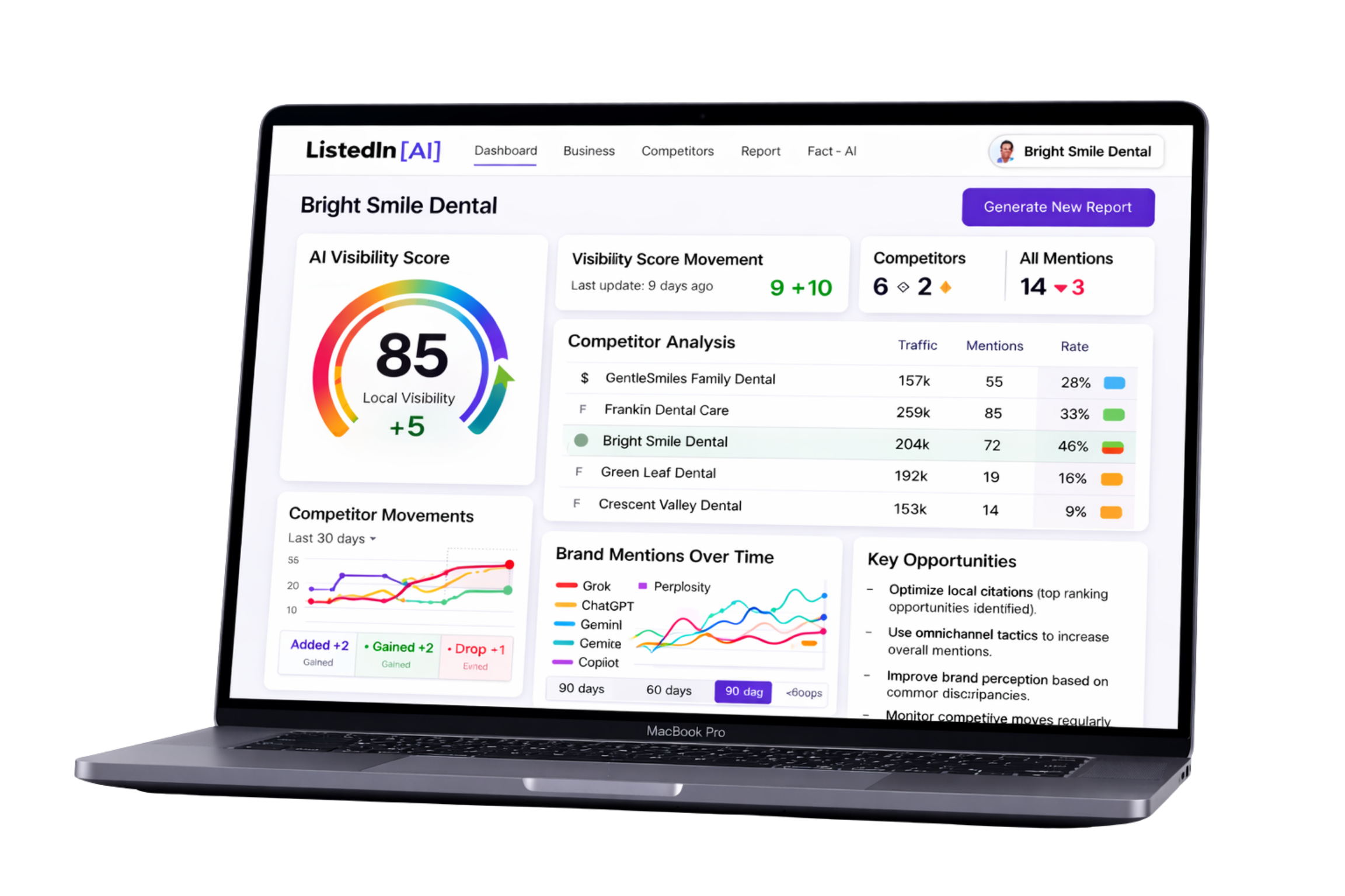 AI Visibility Report showing score, competitors, and perception analysis